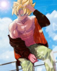 Rule 34 | 1boy, abs, bare arms, bare shoulders, blonde hair, blurry, cloud, cloudy sky, commentary request, cowboy shot, day, depth of field, dragon ball, dragonball z, expressionless, green eyes, green pants, hand in own hair, highres, jacket, looking away, male focus, multicolored clothes, multicolored jacket, nipples, on railing, outdoors, pants, pectorals, railing, serious, shaded face, short hair, sitting, sky, solo, son goku, spiked hair, sun, super saiyan, super saiyan 1, tarutobi, topless male, twitter username, two-tone jacket, upper body