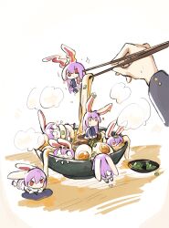 Rule 34 | 1girl, absurdres, bowl, chibi, chopsticks, crt599, egg yolk, food, food focus, highres, holding, holding chopsticks, in bowl, in container, long sleeves, multiple persona, noodles, pun, reisen udongein inaba, simple background, touhou, udon