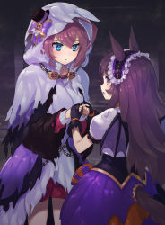 Rule 34 | 2girls, animal ears, black gloves, black wings, blue eyes, bow, brown hair, capelet, chain, commentary request, demon wings, dress, fang, frilled hairband, frills, ghost costume, gloves, hairband, halloween, halloween costume, hat, holding hands, hood, hood up, hooded capelet, horse ears, horse girl, horse tail, jack-o&#039;-lantern ornament, long hair, long sleeves, looking at another, medium skirt, mihono bourbon (ghosty and the magic of halloween) (umamusume), mihono bourbon (umamusume), mini hat, mini top hat, multiple girls, parted lips, puffy short sleeves, puffy sleeves, purple bow, purple dress, purple eyes, purple hairband, purple skirt, rice shower (make up vampire!) (umamusume), rice shower (umamusume), shirt, short sleeves, skirt, standing, tadano magu, tail, top hat, umamusume, vampire costume, white shirt, wings