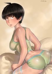 Rule 34 | 1girl, ahoge, ass, ayumu (zenkou), bare shoulders, bed, black hair, cameltoe, dated, green panties, looking at viewer, looking back, open mouth, orange eyes, original, panties, shiny skin, short hair, skindentation, solo, striped clothes, striped thighhighs, tank top, taut clothes, thighhighs, underwear, zenkou
