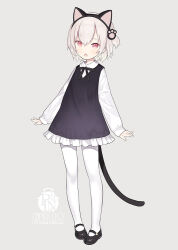 Rule 34 | 1girl, animal ears, black dress, black footwear, black hairband, blush, capriccio, cat ears, cat tail, chestnut mouth, collared shirt, commentary request, dress, eyebrows hidden by hair, fake animal ears, frilled dress, frills, grey background, hair between eyes, hairband, kapu rinko, long sleeves, looking at viewer, one side up, original, pantyhose, parted lips, paw hair ornament, pigeon-toed, puffy long sleeves, puffy sleeves, red eyes, shirt, shoes, simple background, sleeveless, sleeveless dress, sleeves past wrists, solo, standing, tail, white hair, white pantyhose, white shirt