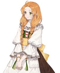 Rule 34 | 1girl, ahoge, artist request, atelier (series), atelier marie, bodice, bracelet, braid, closed mouth, collar, dress, frilled collar, frills, green eyes, hair over shoulder, jewelry, long hair, long sleeves, official art, orange hair, own hands together, pocket, ring, schia donnerstage, simple background, smile, solo, standing, twin braids, white dress, wide sleeves