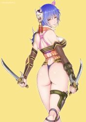 Rule 34 | 1girl, ass, back, bad id, bad pixiv id, bare shoulders, battle raper, battle raper 2, blue hair, breasts, bridal garter, curvy, dagger, dual wielding, from behind, g-string, gradient hair, hannya, highleg, highleg leotard, highleg panties, holding, holster, huge ass, kneepits, knife, kunai, large breasts, leotard, looking at viewer, looking back, mole, multicolored hair, ninja, panties, red eyes, short hair, short sword, shuriken, simple background, skindentation, smile, solo, standing, sword, t-back, thigh holster, thighs, thong, underwear, vasily (run211), weapon, yagami setsuna, yellow background