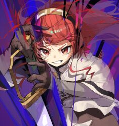 Rule 34 | 1girl, brown gloves, brown pants, clenched teeth, eris greyrat, flat chest, gloves, hairband, highres, holding, holding sword, holding weapon, jacket, long hair, looking ahead, mushoku tensei, open mouth, pants, red eyes, red hair, shuohis, solo, sword, teeth, weapon, white jacket
