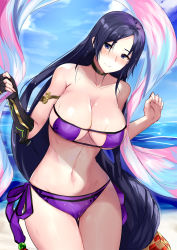 Rule 34 | 1girl, arm guards, armlet, bare shoulders, beach, beads, bikini, black gloves, blue sky, blush, breasts, choker, cleavage, collarbone, commentary request, day, elbow gloves, eyepatch bikini, fate/grand order, fate (series), fingerless gloves, gloves, hands up, highres, hip focus, large breasts, long hair, looking at viewer, low-tied long hair, minamoto no raikou (fate), minamoto no raikou (fate/grand order), minamoto no raikou (swimsuit lancer) (fate), minamoto no raikou (swimsuit lancer) (third ascension) (fate), navel, ocean, outdoors, parted bangs, purple bikini, purple eyes, purple hair, sash, side-tie bikini bottom, single glove, sky, smile, solo, swimsuit, thighs, very long hair, wet, yoshizawa tsubaki