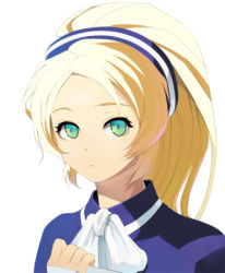 Rule 34 | 1girl, :o, aralez, blonde hair, blush, border, chou shittou caduceus, green eyes, hairband, looking at viewer, lowres, parted lips, simple background, solo, tonegawa anju, upper body, white background, white border