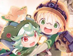 Rule 34 | 2girls, blonde hair, brown gloves, brown headwear, child, coat, creature, creature on head, curly hair, glasses, gloves, glowing, green coat, green eyes, green gloves, green headwear, hat, headlamp, helmet, hosoi mieko, made in abyss, meinya (made in abyss), multiple girls, open mouth, prushka, red eyes, riko (made in abyss), shirt, short hair, teeth, whistle, whistle around neck, white hair, white shirt
