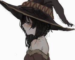 Rule 34 | 1girl, bare shoulders, brown hair, commentary request, dress, expressionless, from side, half-closed eyes, hat, highres, kono subarashii sekai ni shukufuku wo!, long hair, megumin, off-shoulder dress, off shoulder, pikuson, portrait, profile, red dress, red eyes, simple background, sketch, solo, white background, witch hat