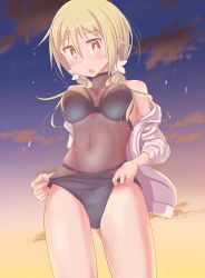 Rule 34 | 1girl, absurdres, bare legs, blonde hair, blush, breasts, check commentary, cloud, cloudy sky, commentary, commentary request, dripping, evening, highres, ichii yui, kirara fantasia, long sleeves, looking at viewer, loose clothes, loose shirt, medium breasts, open clothes, open mouth, outdoors, shirt, sidelocks, sky, sweat, swimsuit, twintails, water drop, wet, wet hair, yellow eyes, yuukin, yuyushiki