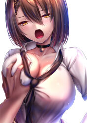 Rule 34 | 1girl, akeyama kitsune, azur lane, baltimore (after-school ace) (azur lane), baltimore (azur lane), black choker, black necktie, braid, breasts, brown hair, cardigan, cardigan around waist, choker, cleavage, clothes around waist, collarbone, collared shirt, commentary request, cowboy shot, french braid, grabbing, grabbing another&#039;s breast, hair between eyes, large breasts, loose necktie, necktie, official alternate costume, open mouth, partial commentary, partially unbuttoned, shirt, short hair, short sleeves, sidelocks, simple background, solo focus, standing, sweat, white background, yellow eyes