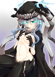 Rule 34 | 10s, 1girl, abyssal ship, blue eyes, blush, bodysuit, grabbing another&#039;s breast, breasts, gloves, glowing, glowing eyes, grabbing, hat, highres, kantai collection, long hair, looking at viewer, monster, open mouth, pale skin, personification, sesield, silver hair, solo, wo-class aircraft carrier