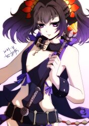 Rule 34 | 1girl, akane kazami, baton (weapon), belt, black choker, bracelet, braid, choker, commission, flower, hair flower, hair ornament, highres, jewelry, looking at viewer, mole, mole under eye, purple eyes, purple hair, revealing clothes, sideless outfit, simple background, solo, symonne (tales), tales of (series), tales of zestiria, twintails, weapon