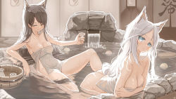 Rule 34 | 2girls, animal ear fluff, animal ears, ass, bare arms, bare shoulders, bathing, blue eyes, breasts, brown eyes, brown hair, bucket, cat ears, choko (cup), cleavage, closed mouth, collarbone, commission, covered navel, cup, food, fruit, genek, highres, holding, holding cup, knee up, large breasts, leaning forward, long hair, looking at viewer, medium breasts, multiple girls, naked towel, onsen, original, outdoors, parted bangs, parted lips, partially submerged, pixiv commission, sitting, smile, tokkuri, towel, very long hair, water, wet, white hair, wooden bucket