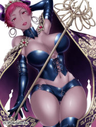 Rule 34 | 1girl, bad id, bad pixiv id, black gloves, bondage outfit, breasts, bustier, cape, cleavage, crown, dark-skinned female, dark skin, demon, demon girl, earrings, gloves, hizuki akira, horns, jewelry, jinma taisen armageddon, large breasts, leather, navel, original, queen, red eyes, red hair, short hair, shorts, smile, solo, staff, thigh gap