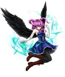 Rule 34 | 1girl, angel, angel wings, armpits, bare shoulders, black angel (elona), black pantyhose, black wings, blue dress, boots, breasts, brown footwear, corset, cross, cross-laced footwear, cross necklace, dress, elbow gloves, elona, eyebrows, facing away, feathered wings, feathers, flying, frilled dress, frills, full body, gloves, hair between eyes, hair tie, highres, jewelry, knee boots, lace-up boots, long hair, looking at viewer, magic, mia (yanaginiame), necklace, open mouth, pantyhose, platform boots, platform footwear, purple hair, red eyes, red ribbon, ribbon, sidelocks, simple background, small breasts, smile, solo, spread wings, strapless, strapless dress, tsurime, two side up, white background, white gloves, wings