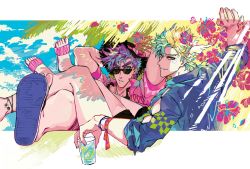 Rule 34 | 2boys, alternate costume, anklet, battle tendency, black shorts, black tank top, bracelet, caesar anthonio zeppeli, clacker, colorful, cup, day, drink, drinking glass, eyebrows hidden by hair, facial mark, feather hair ornament, flip-flops, flower, food, fourth wall, fruit, hair ornament, hat, holding, holding cup, holding drink, jewelry, jojo no kimyou na bouken, joseph joestar, joseph joestar (young), crossed legs, legs on another&#039;s lap, lemon, lemon slice, light smile, looking at viewer, looking back, looking over eyewear, male focus, multicolored eyes, multicolored hair, multiple boys, nigelungdayo, no headband, sandals, shorts, sleeves pushed up, summer, sun hat, sunglasses, tank top, toes, tropical, wing hair ornament, winged hair ornament