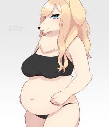 Rule 34 | 1girl, belly, blonde hair, borzoi, bra, dog, furry, furry female, hand on own stomach, highres, ichigotoofu, looking at viewer, office lady, pregnant, underwear
