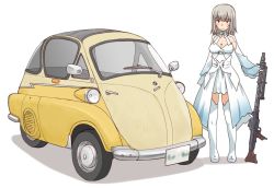 Rule 34 | 10s, 1girl, blue eyes, bmw isetta, boots, breasts, car, cleavage, closed mouth, commentary request, cosplay, dress, frown, full body, girls und panzer, gun, holding, holding weapon, itsumi erika, izetta, izetta (cosplay), long dress, long hair, long sleeves, looking at viewer, machine gun, medium breasts, mg 34, motor vehicle, name connection, nishizumi maho, shadow, shuumatsu no izetta, silver hair, simple background, solo, standing, uona telepin, vehicle focus, weapon, white background, white dress, white footwear