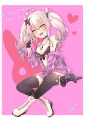 Rule 34 | 1girl, :d, ahoge, animal ear legwear, aruya (flosrota), bare shoulders, bikini, black bikini, black choker, black gloves, black thighhighs, blue bow, blush, boots, bow, breasts, brown hair, candy, choker, cleavage, collarbone, commission, controller, crossed legs, fang, fingerless gloves, food, game controller, gloves, hair between eyes, hair bow, hair ornament, hand up, heart, holding, holding candy, holding food, holding lollipop, indie virtual youtuber, jacket, lollipop, long hair, long sleeves, medium breasts, multicolored hair, nail polish, off shoulder, open clothes, open jacket, open mouth, pink background, pink hair, purple jacket, rabbit ear legwear, rabbit hair ornament, signature, skeb commission, smile, solo, streaked hair, swimsuit, thank you, thighhighs, thighhighs under boots, twintails, virtual youtuber, white footwear, yellow eyes, yuikai (vtuber)