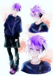 Rule 34 | 1boy, absurdres, closed mouth, facing to the side, full body, highres, long sleeves, looking at viewer, male focus, minamoto kiyomaro, purple eyes, purple hair, shoes, short hair, smile, sneakers, solo, touken ranbu, white background, zasikirou