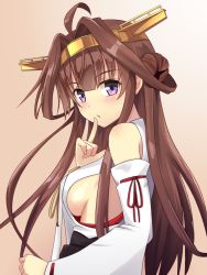 Rule 34 | 10s, 1girl, ahoge, bare shoulders, breasts, brown hair, commentary request, cowboy shot, detached sleeves, double bun, eve dizzy, finger to mouth, hairband, headgear, highres, japanese clothes, kantai collection, kongou (kancolle), kongou kai ni (kancolle), long hair, looking at viewer, medium breasts, nontraditional miko, purple eyes, ribbon-trimmed sleeves, ribbon trim, shushing, sideboob, solo