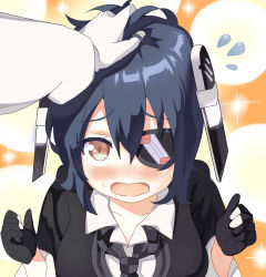 Rule 34 | 10s, 1girl, absurdres, blue hair, blush, brown eyes, commentary request, eyepatch, flying sweatdrops, gloves, hand on another&#039;s head, headgear, highres, kantai collection, looking at viewer, necktie, open mouth, out of frame, pov, pov hands, short hair, solo focus, sparkle, tenryuu (kancolle), tonarikeru