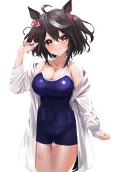 Rule 34 | 1girl, absurdres, animal ears, black hair, blue one-piece swimsuit, blush, breasts, cleavage, clenched teeth, collarbone, hair between eyes, hair ornament, head tilt, highres, horse ears, horse girl, horse tail, jacket, kitasan black (umamusume), koisuke, large breasts, looking at viewer, one-piece swimsuit, open clothes, open jacket, red eyes, school swimsuit, short hair, simple background, smile, solo, swimsuit, tail, teeth, thigh gap, thighs, umamusume, wet, wet clothes, wet swimsuit, white background, white jacket