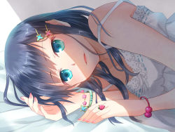 Rule 34 | 1girl, bad id, bad pixiv id, blue eyes, blue hair, bracelet, bug, butterfly, butterfly hair ornament, hair ornament, hairclip, insect, jewelry, long hair, looking at viewer, lying, matching hair/eyes, nekozuki yuki, on side, original, ring, sleeveless, smile, solo, straddling, upper body