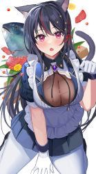 Rule 34 | 1girl, :o, absurdres, amahara subaru, animal ear fluff, animal ears, apron, black footwear, black hair, blue shirt, blue skirt, blush, braid, breasts, cat ears, cat girl, cat tail, cleavage, collared shirt, fang, fish, gloves, hair between eyes, hair ribbon, highres, indie virtual youtuber, isonade orca, large breasts, long hair, looking at viewer, maid apron, multicolored hair, neck ribbon, open mouth, pantyhose, paw pose, pleated skirt, puffy short sleeves, puffy sleeves, red eyes, red hair, red ribbon, ribbon, see-through, shirt, shoes, short sleeves, skin fang, skirt, solo, streaked hair, tail, very long hair, virtual youtuber, white apron, white background, white gloves, white pantyhose
