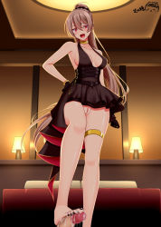 Rule 34 | 1boy, 1girl, azur lane, bare shoulders, bed, bedroom, black gloves, black nails, blonde hair, blush, breasts, censored, cleavage, cleft of venus, closed mouth, cocktail dress, commentary request, commission, cum, cum on body, cum on feet, dress, erection, evening gown, footjob, gloves, gold bracelet, gold choker, hair between eyes, halter dress, halterneck, hand on own hip, hetero, high ponytail, highres, indoors, jean bart (azur lane), jean bart (uninhibited bloodstone) (azur lane), lampshade, large breasts, long hair, lying, mosaic censoring, nail polish, no panties, on back, out of frame, penis, pillow, ppshex, pussy, red eyes, sidelocks, skirt, stepped on, thighlet, toenail polish, toenails, upskirt, very long hair
