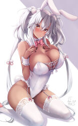 Rule 34 | 1girl, absurdres, animal ears, bare shoulders, black nails, blush, bow, bowtie, breasts, cleavage, dark-skinned female, dark skin, detached collar, fake animal ears, garter straps, grey hair, hair between eyes, highres, kantai collection, large breasts, leotard, long hair, looking at viewer, mashiro yukiya, musashi (kancolle), musashi kai ni (kancolle), playboy bunny, rabbit ears, rabbit tail, red eyes, signature, solo, strapless, strapless leotard, tail, thighhighs, twintails, very long hair, white hair, wrist cuffs