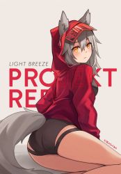 Rule 34 | 1girl, arknights, artist name, ass, black one-piece swimsuit, blush, casual one-piece swimsuit, character name, clothing cutout, ears through headwear, from behind, grey background, grey hair, highres, hood, hood up, hooded jacket, jacket, kibashiba, looking at viewer, looking back, official alternate costume, one-piece swimsuit, projekt red (arknights), projekt red (light breeze) (arknights), simple background, sitting, solo, swimsuit, tail, tail through clothes, thighs, yellow eyes