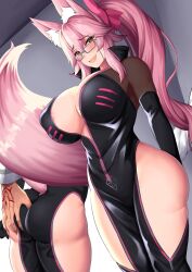 Rule 34 | 1boy, 1girl, :d, animal ears, areola slip, ass, ass grab, black gloves, blush, breasts, brown eyes, command spell, elbow gloves, fate/grand order, fate (series), fox ears, fox tail, glasses, gloves, hair ornament, highres, hip vent, kisaragi nana, koyanskaya (assassin) (first ascension) (fate), koyanskaya (fate), large breasts, looking at viewer, open mouth, pink hair, smile, tail, thighs