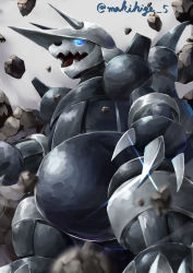 Rule 34 | absurdres, aggron, blue eyes, blurry, claws, commentary request, creatures (company), from below, game freak, gen 3 pokemon, glint, glowing, glowing eyes, highres, makihige, nintendo, no humans, open mouth, pokemon, pokemon (creature), rock, solo, standing, tongue