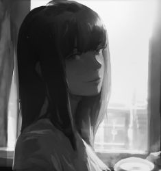 Rule 34 | 1girl, black eyes, black hair, blunt bangs, commentary, english commentary, eyebrows, greyscale, highres, light, lips, long hair, looking at viewer, looking to the side, lynus, monochrome, original, shade, shadow, shirt, solo