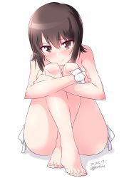 Rule 34 | 1girl, barefoot, bikini, blush, brown eyes, brown hair, closed mouth, commentary, dated, full body, girls und panzer, highres, hugging own legs, kuzuryuu kennosuke, looking at viewer, nishizumi maho, one-hour drawing challenge, scrunchie, shadow, short hair, side-tie bikini bottom, simple background, sitting, smile, solo, swimsuit, topless, twitter username, white background, white bikini, white scrunchie, wrist scrunchie