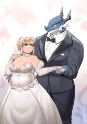 Rule 34 | 1girl, absurdres, blonde hair, blurry, blurry background, breasts, bridal gauntlets, bridal veil, collar, collared shirt, dated, dragon, dress, furry, furry male, furry with non-furry, green eyes, highres, holding hands, horns, interspecies, large breasts, looking at another, open mouth, plump, pocket, pointy ears, scales, shirt, sidelocks, signature, tajyador, tareme, thick arms, tuxedo, veil, white shirt, yellow eyes