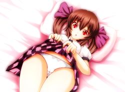 Rule 34 | 1girl, :o, breasts, brown hair, cameltoe, checkered clothes, checkered skirt, clothes lift, collared shirt, hair ribbon, himekaidou hatate, lace, lace-trimmed panties, lace trim, lying, mofupaka, necktie, on back, panties, pillow, red eyes, ribbon, shirt, skirt, skirt lift, solo, touhou, twintails, underwear, white panties