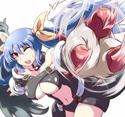 Rule 34 | 1girl, asymmetrical wings, bare shoulders, blue hair, blush, breasts, cleavage, dizzy (guilty gear), guilty gear, hair ribbon, kuro goma (kakkou11), large breasts, leaning forward, looking at viewer, midriff, navel, one eye closed, open mouth, red eyes, ribbon, simple background, solo, standing, twintails, underboob, white background, whitesesame, wings