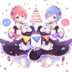 Rule 34 | &gt;:o, 10s, 2girls, :o, ;), apron, blue eyes, blue hair, blue ribbon, blurry, blush, breasts, cake, candle, closed mouth, collar, confetti, depth of field, detached collar, detached sleeves, food, foreshortening, frilled apron, frilled collar, frilled sleeves, frills, hair ornament, hair over one eye, hair ribbon, happy birthday, highres, holding, holding food, holding tray, layer cake, looking at viewer, maid, maid headdress, medium breasts, multiple girls, nanohana kohina, one eye closed, open mouth, outstretched arm, pantyhose, pennant, pink hair, pink ribbon, ram (re:zero), re:zero kara hajimeru isekai seikatsu, red eyes, rem (re:zero), ribbon, short hair, siblings, simple background, sisters, smile, speech bubble, symmetry, tray, twins, v-shaped eyebrows, waist apron, white background, white legwear, x hair ornament