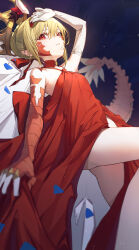 Rule 34 | 1girl, absurdres, bare shoulders, blonde hair, braid, breasts, crown, dragon tail, dress, elbow gloves, facial mark, fate/grand order, fate (series), french braid, gloves, hair bun, hair intakes, hair ribbon, herigaru (fvgyvr000), highres, long hair, looking at viewer, nero claudius (fate), nero claudius (fate) (all), queen draco (fate), queen draco (first ascension) (fate), red dress, red eyes, red ribbon, ribbon, scales, single glove, small breasts, solo, tail, thighs, white gloves
