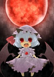 Rule 34 | 1girl, bad id, bad pixiv id, bat wings, blue hair, checkered background, chibi, eiri (eirri), fang, female focus, full body, full moon, hat, highres, moon, outdoors, red eyes, red moon, remilia scarlet, sky, solo, touhou, wings