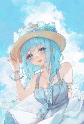 Rule 34 | 1girl, :d, arm belt, blue eyes, blue nails, bow, bracelet, braid, breasts, cleavage, cloud, day, dress, flower, hand up, hat, hat bow, hat flower, highres, jewelry, korikr32, long hair, medium breasts, open mouth, original, outdoors, sleeveless, sleeveless dress, smile, straw hat, twin braids, twintails