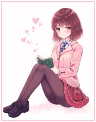 Rule 34 | 1girl, black footwear, black necktie, black pantyhose, blush, book, border, brown eyes, heart, highres, holding, holding book, jacket, knees up, legs apart, loafers, long sleeves, looking at viewer, nagidango, necktie, open book, original, pantyhose, parted lips, pink jacket, plaid, plaid skirt, red hair, red skirt, revision, school uniform, shoes, short hair, simple background, skirt, solo, white background