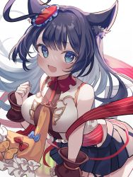 Rule 34 | :d, ahoge, animal ear fluff, animal ears, black hair, black skirt, blue bow, blue eyes, blush, bow, breasts, character request, fang, hand up, highres, karunabaru, long hair, looking at viewer, medium breasts, open mouth, pleated skirt, red bow, shadowverse, shirt, simple background, skirt, sleeveless, sleeveless shirt, smile, very long hair, white background, white shirt, wrist cuffs