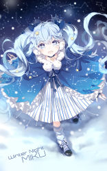 Rule 34 | 1girl, :d, blue bow, blue eyes, blue hair, bow, character name, choker, cloak, constellation, crescent, cross-laced footwear, dress, earmuffs, eyebrows, fingerless gloves, from above, full body, fuyu no yoru miku, gloves, hair bow, hair ornament, hatsune miku, highres, hood, hood down, hooded cloak, jewelry, linfi-muu, long hair, looking at viewer, loose socks, matching hair/eyes, neck ribbon, night, night sky, open mouth, outdoors, pendant, pom pom (clothes), revision, ribbon, shoes, sky, smile, sneakers, snow, snowing, socks, solo, star (sky), star (symbol), star hair ornament, starry sky, starry sky print, striped clothes, striped dress, symbol-shaped pupils, twintails, very long hair, vocaloid, walking, white socks