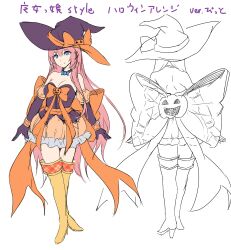 Rule 34 | absurdres, bare shoulders, bit (keikou syrup), blue bow, blue bowtie, blue eyes, boots, bow, bowtie, character sheet, choker, commentary request, dress, elbow gloves, full body, gloves, halloween costume, happy, hat, highres, jack-o&#039;-lantern, long hair, megurine luka, multicolored clothes, multicolored dress, multiple views, orange bow, pink hair, pumpkin, simple background, sketch, solo, thighhighs, translation request, turnaround, vocaloid, witch hat, yellow footwear, zettai ryouiki