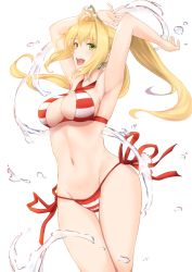 Rule 34 | 1girl, :d, ahoge, armpits, arms up, bikini, blonde hair, breasts, contrapposto, cowboy shot, criss-cross halter, fate/grand order, fate (series), floating hair, hair between eyes, hair intakes, halterneck, highres, hip focus, large breasts, long hair, looking at viewer, navel, nero claudius (fate), nero claudius (fate) (all), nero claudius (swimsuit caster) (fate), open mouth, red bikini, side-tie bikini bottom, sidelocks, simple background, smile, solo, standing, swimsuit, teeth, terry (pixiv3274443), thighs, twintails, water drop, white background