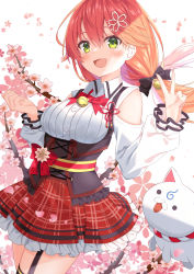 Rule 34 | 1girl, 35p (sakura miko), :d, bell, breasts, cat, clothing cutout, collared shirt, corset, divergenceok, floating hair, flower, frilled skirt, frills, garter straps, green eyes, hair between eyes, hair flower, hair ornament, hands up, highres, hololive, jingle bell, long hair, looking at viewer, medium breasts, open mouth, pink flower, plaid, plaid skirt, red hair, red skirt, sakura miko, sakura miko (casual), shirt, shoulder cutout, skirt, smile, solo, v, virtual youtuber, white shirt