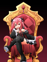 Rule 34 | 10s, 1girl, arukanu, bare shoulders, black footwear, black thighhighs, boots, crossed legs, detached sleeves, fang, frills, gradient background, krul tepes, long hair, manami tatsuya, owari no seraph, pink hair, pointy ears, red eyes, ribbon, sitting, solo, thigh boots, thighhighs, throne, twintails, two side up, vampire, zettai ryouiki